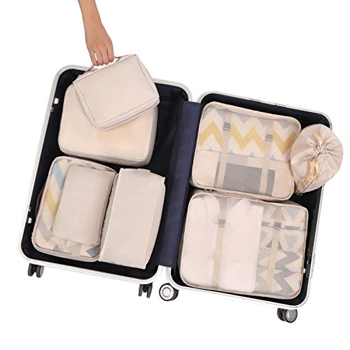 Essentials: BAGAIL 8 Set Packing Cubes, Lightweight Travel Luggage Organizers with Shoe Bag, Toiletry Bag & Laundry Bag (Cream)